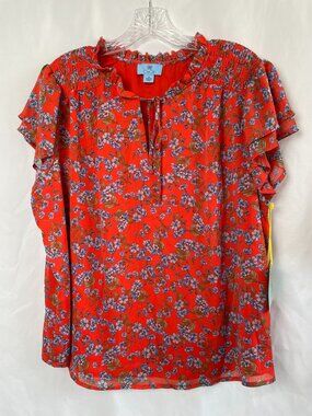 CeCe Red with Blue Floral Flutter Sleeve Tie Neck Blouse 1X